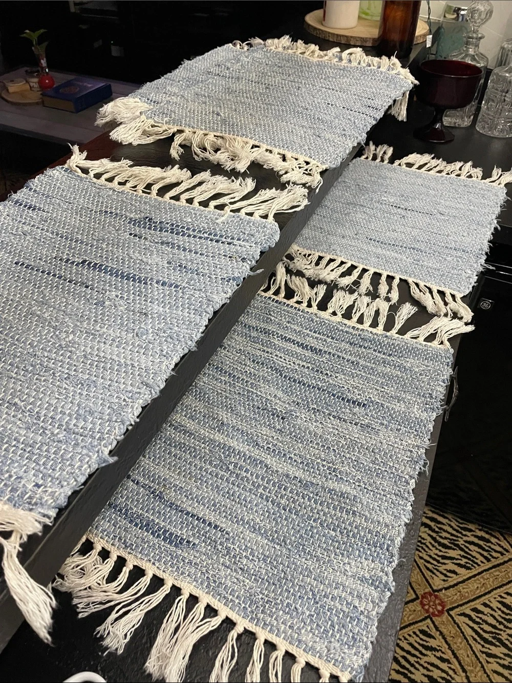 Handwoven Blue & Cream Fringed Place Mats-Set of 6